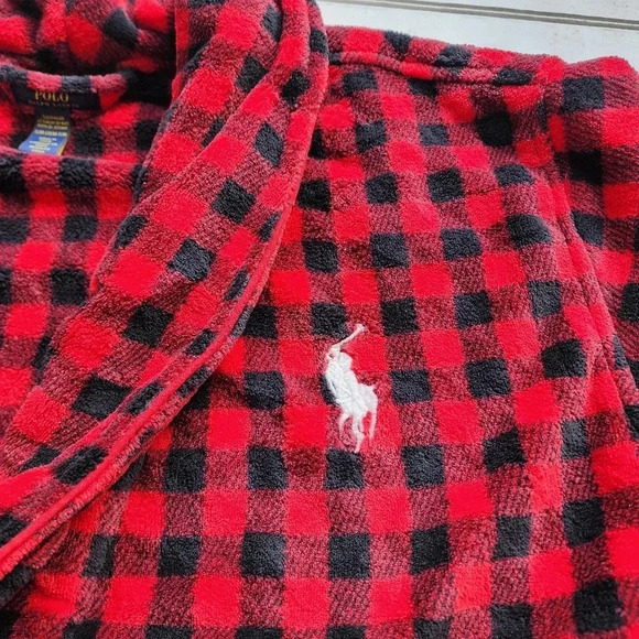 POLO RALPH LAUREN Mens Plush Red Black Checkered Bathrobe & Belt S/ M - Picture 5 of 8